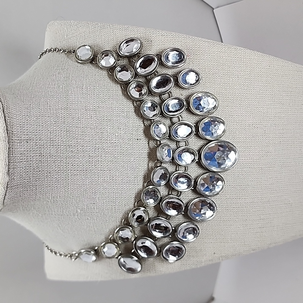 Silver Tone Clear Acrylic Bead Statement Necklace
